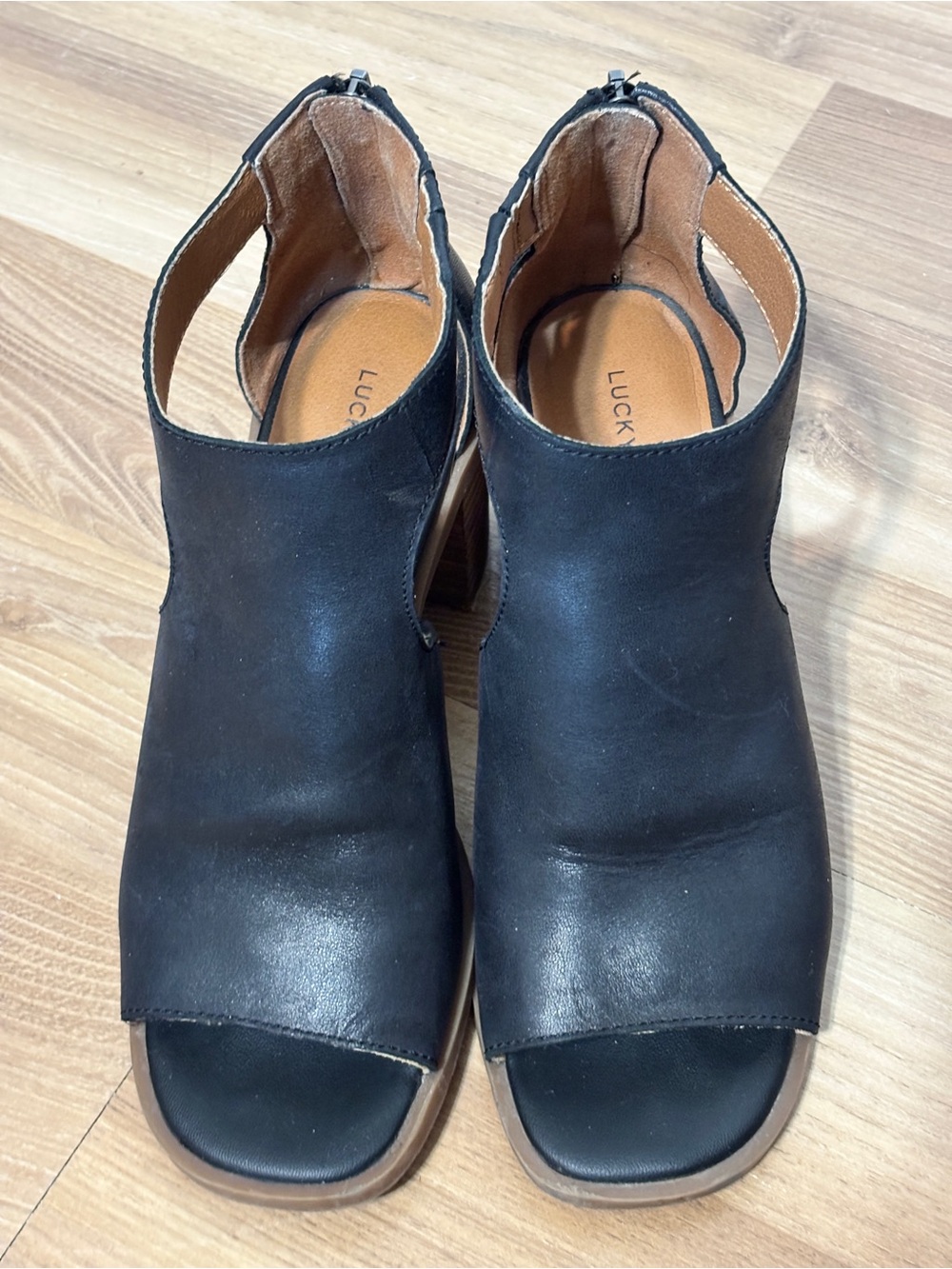 Lucky Brand Black Leather Peep Toe Cutout Bootie Stacked Heel